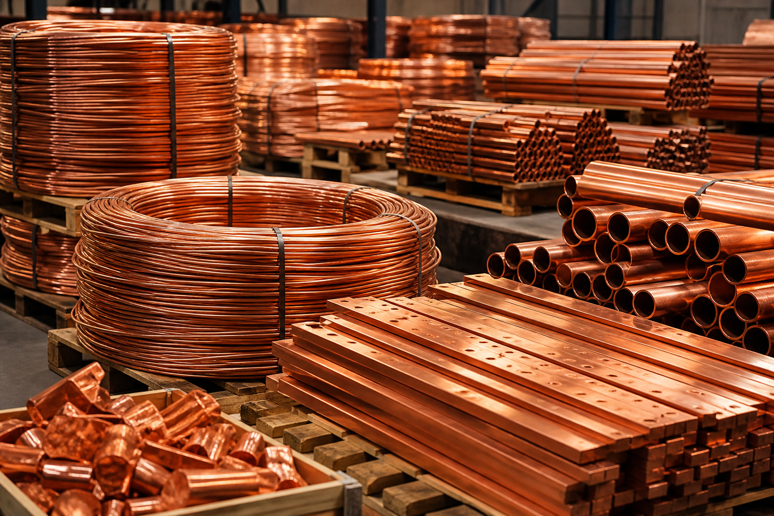 Organized coils, tubing, and bus bars made of copper